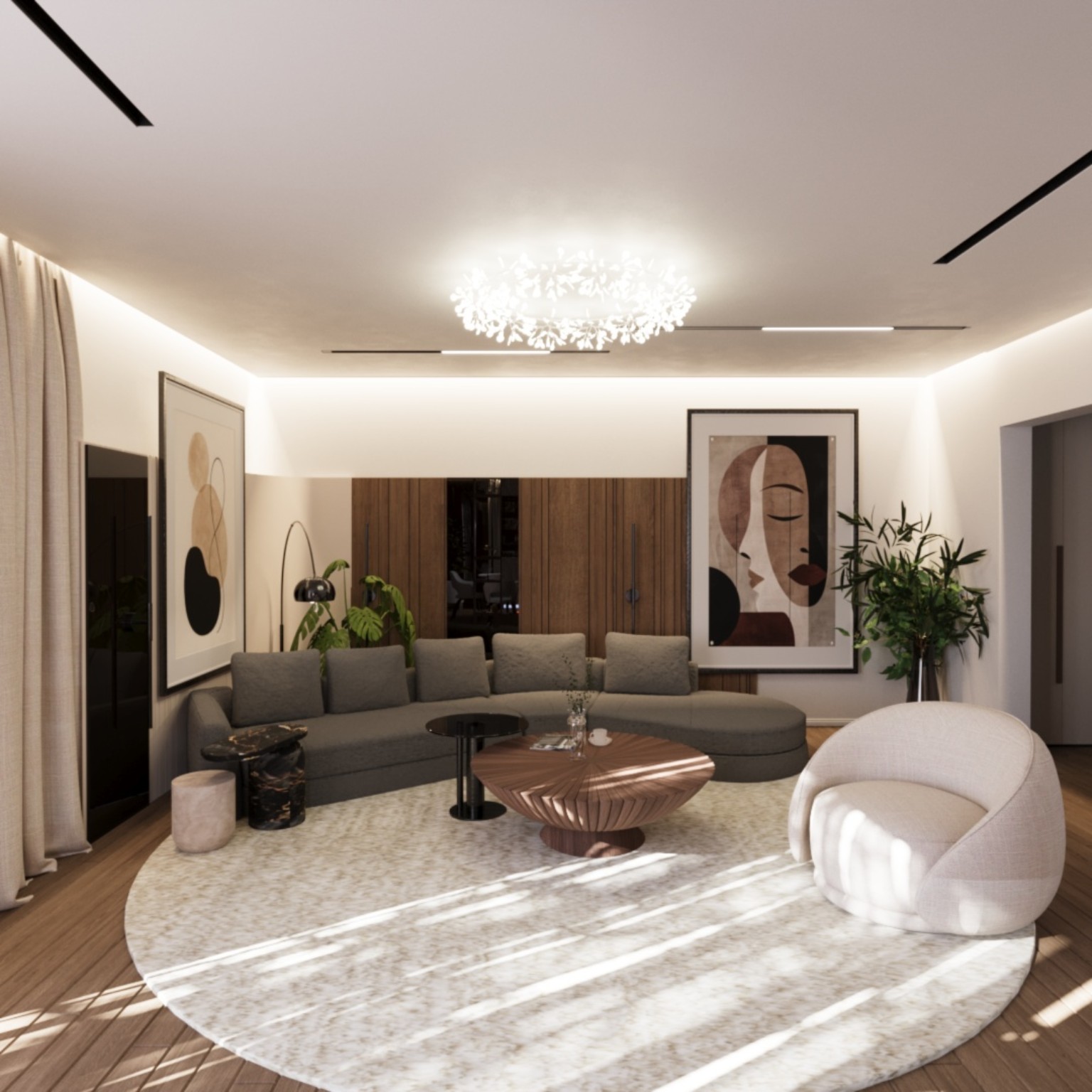 Modern interior design with elegant furniture and warm lighting